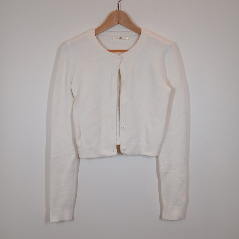 Alo Cardigan Women XS White Nylon Blend Cropped Button Front Ballet Minimalist